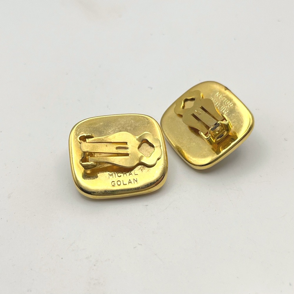 Michal Golan Byzantine Purple Cabochon Gold Tone Square Clip On Earrings - Picture 6 of 6